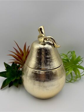 Decorative Ceramic Gold Pear with Stem & Leaf Textured 7.5”H x 5.5”W